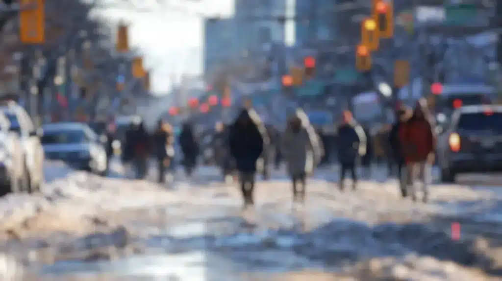 Pedestrians walking on an icy urban street with snow, showing winter sidewalk conditions that can lead to slip and fall accidents