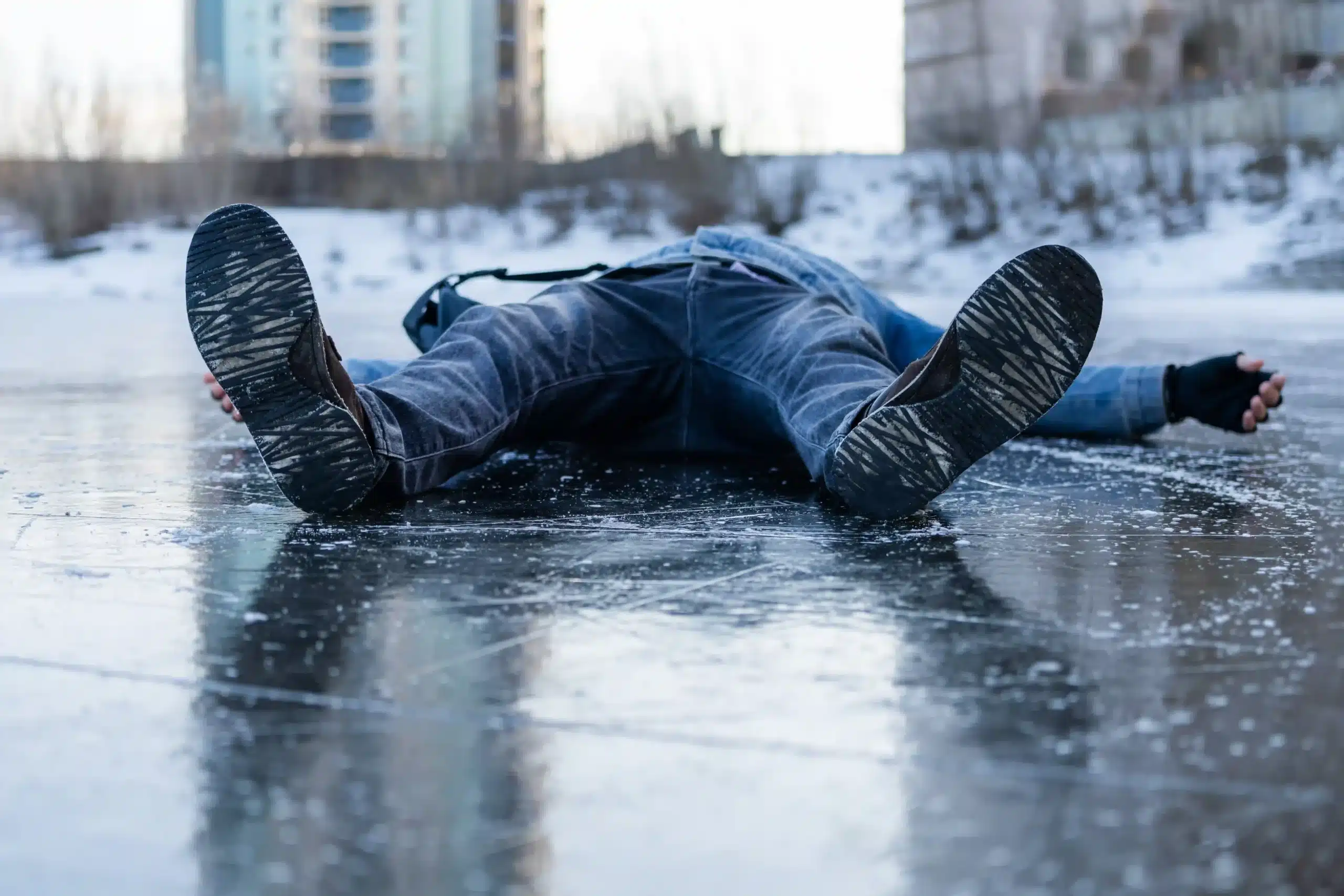 Man slipping and falling on icy ground, showing winter ice hazards that can cause slip and fall injuries