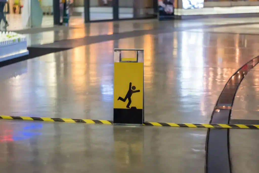 Warning sign for uneven level and slippery floor hazards, showing trip and slip risks that can cause fall injuries