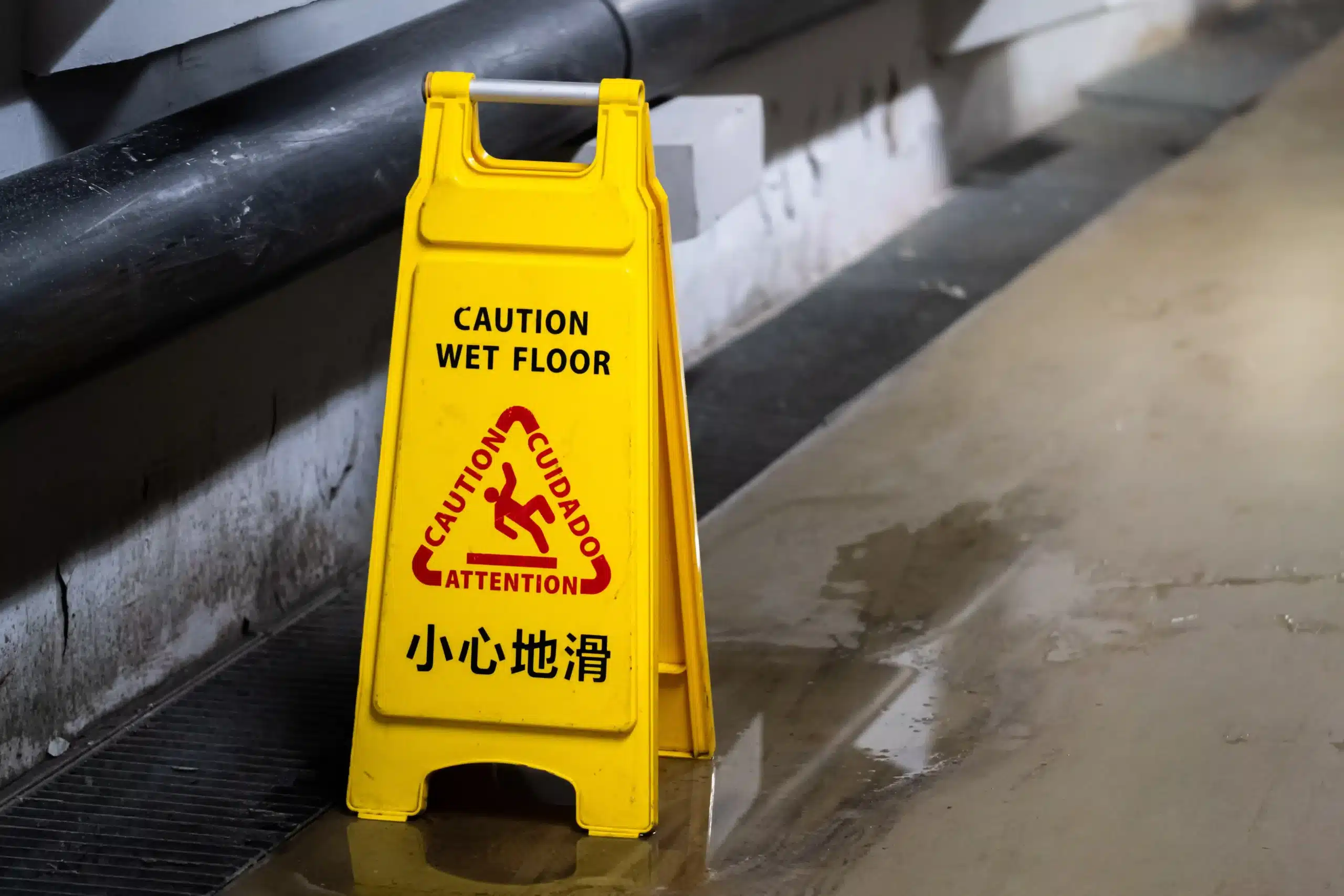 Caution wet floor sign warning of a slippery surface that can lead to slip and fall injuries on a property